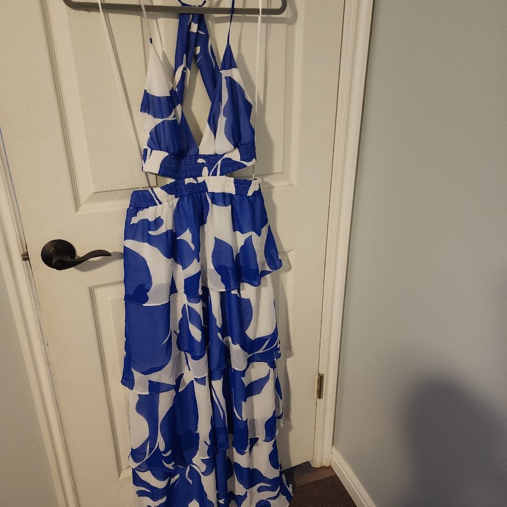 Blue and white ruffle maxi with adorable side cut outs